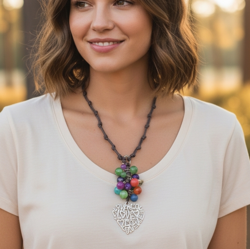 Love Heart & Colorful Bead Statement Necklace